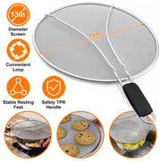 Grease Splatter ScreenÊ13in Stainless Steel Fine Mesh Splash Mesh Shield Hot Oil Stopper w/ Resting Feet For Frying Pan Cooking Woks Skillets Pots Pan