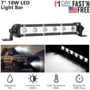 7" LED Light Bar Single Row Offroad Spot Lights 18W Ultra Slim Straight Work Light for Trailer Truck Bus Boat