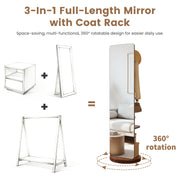 Full Length Rotating Mirror with Coat Rack & Storage Shelf