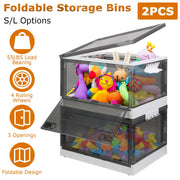 2 Packs Foldable Storage Bins Collapsible Storage Box Organizer Stackable Toy Container with Double Doors Top Lid Rolling Wheels for Clothes Toys Book
