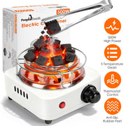 Electric Charcoal Burner 500W Hookah Charcoal Burner Compact Coal Burner for Hooka Cubes Shisha with Grill and Tongs 5 Temperature Gears 338℉-1022℉ Th