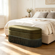 Oval Upholstered Storage Ottoman with Fringe Trim, 39.4"