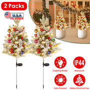 2Pcs Solar Powered Lighted Christmas Tree Urn Filler With Light Artificial Xmas Trees Light with Berries Decor Balls LED Pathway Pine Tree IP44 Waterp