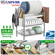3-Tier Dish Drying Rack Dish Drainer Shelf w/ 3 Drain Trays Chopping Board Rack Utensil Rack Chopsticks Holder For Kitchen Counter Storage
