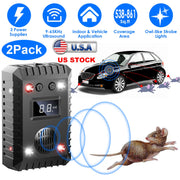 2 Pack Under Hood Ultrasonic Rodent Repeller Rodent Chaser for Vehicle Indoor Mouse Wildcat Control with 3 Power Supplies Strobe Light Alarm Sound for