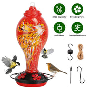 Glass Hummingbird Feeder 33OZ Hand Blown Hummingbird Feeder with 5 Flower Feeding Port Perch Ant Moat Hanging Hook S Hook Hemp Rope Cleaning Brush for