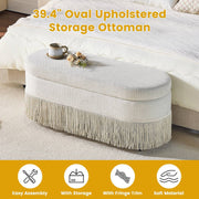 Oval Upholstered Storage Ottoman with Fringe Trim, 39.4"