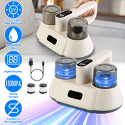 15000PA Double-Cup Bed Vacuum Cleaner with UV-C Light Cordless Mattress Vacuum Rechargeable Dust Mites Remover with 3 Washable Filters