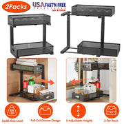 2Pcs Under Sink Organizer 2 Tier Pull Out Cabinet Baskets Storage Shelf Sliding Storage Drawers Rack with 5 Adjustable Height Mesh Baskets for Home Ki