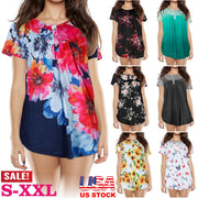 Women Summer Shirts Tops Loose Short Sleeve T Shirts Casual Floral Printed Button Shirts Blouse S-XXL