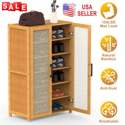 6-Tier Shoe CabinetÊwith Bamboo Shoe Rack Freestanding Shoe Organizer with 2 Hollow Doors and Handles 154lbs Max Load for Closet Hallway Living Room