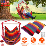 Hammock Hanging Chair Canvas Porch Patio Swing Seat Portable Camping Rope Seat Wooden Stick Hammock Chair with 2 Pillows 265LBS Load-bearing