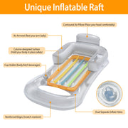 59in Inflatable Pool Float Raft with Headrest Armrest Cupholder Swimming Pool Lounge Air Mat Chair