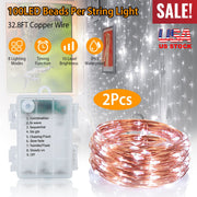 2Pcs LED String Lights 100LED Beads 32.8FT Copper Fairy Lights IP65 Waterproof Battery Operated Flash Lights with Remote Control For Wedding Party Jar