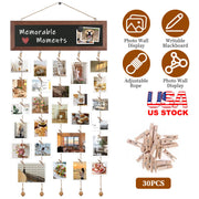 Wooden Hanging Picture Frame Photo Display String Ropes with 30 Clips Writable Blackboard Wall Decoration Postcard Artwork Picture Organizer