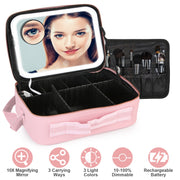 Travel Makeup Bag with LED Mirror Makeup Case Organizer with 3 Light Colors Adjustable Dividers Brush Holder Magnifying Mirror Shoulder Strap Luggage