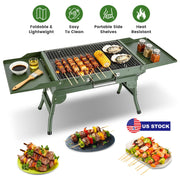 Foldable Charcoal Grill with Storage Shelf and 10 Skewers