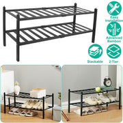 Bamboo Shoe Rack 2-Tier Stackable Shoe Shelf Free Standing Small Shoe Storage Organizer for Entryway Closet Bedroom Bathroom Living Room