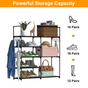 5 Tiers Plus 3 Tiers Shoe Rack Metal Shoe Storage Shelf Free Standing Shoe Stand 16+ Pairs Shoe Tower Unit Tall Shoe Organizer with 2 Row Hooks for En