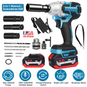 3-In-1 Cordless Electric Impact Wrench Drill Screwdriver with Brushless Motor Max 3450RPM Variable Speed 2Pcs 6.0Ah Batteries 3 Sockets 3 Screwdriver