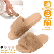 Women Faux Fur Slippers Open Toe Indoor Outdoor Flat Slide Sandals Anti-skid Lady House Shoes