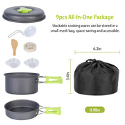 9Pcs Camping Cooking Ware Set Camping Stove Cookware Kit Aluminum Pot Pans Set for Hiking Picnic Outdoor