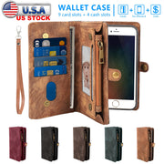 Phone Wallet Case For iPhone 8 Portable Wallet Case 2 in 1 Leather Zipper Magnetic Detachable 13 Card Slots Money Pocket Clutch Cover W/ID Widows