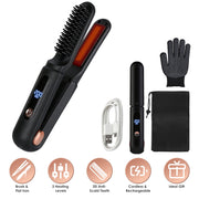 2 In 1 Ceramic Hair Straightener Flat Iron Cordless Hair Straightener Brush Hair Portable Styling Iron with Carry Bag Anti-scald Gloves 2 Hairpins