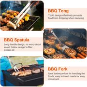 Stainless Steel BBQ Grill Tool Kit Grilling Utensil Accessories w/ Spatula Tongs Fork KnifeBrush Pepper Salt Shaker Bottle Grilled Skewers Corn Need