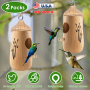 2 Packs Humming Bird Houses for Outside Wooden Hanging Bird Nest Feeder Hand Patio Garden Craft Ornament Decoration