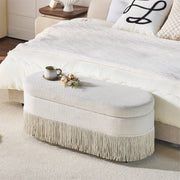 Oval Upholstered Storage Ottoman with Fringe Trim, 39.4"