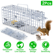 2Pcs Foldable Rat Trap Cage Humane Live Rodent Trap Cage Galvanized Iron Mice Mouse Control Bait Catch with Detachable L Shaped Rod For Kitchen Garden
