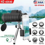 40x40 HD Optical Monocular Telescope w/ FMC Lens Low Light Vision Scope Phone Holder Tripod Compass For Bird Watching Hunting Camping Hiking Sport Eve