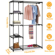 Metal Closet Deluxe Double Rod Freestanding Closet Clothes Storage Organizer Coat Storage Wardrobe Metal Shoes Storage Rack with 5-Tier Wire Shelving