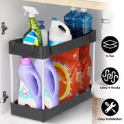 2-Tier Under Sink Shelf Organizer Space Saving Under Bathroom Sink Storage Rack w/ 4 Hooks