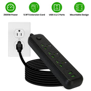 Power Strip with 5.9FT Extension Cord 3 AC Outlets and 2 USB A Ports 1 USB C Port 2500W Wall Mount Outlet Extender For Home Office Dorm Travel