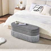 Oval Upholstered Storage Ottoman with Fringe Trim, 39.4"
