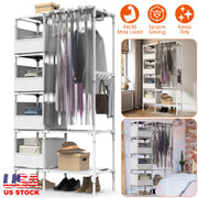 Portable Closet Wardrobe Clothes Storage Cabinet Organizer Garment Hanging Rack Shelves with 4 Storage Bags 1 Shelf 1 Hanging Rod 4 Hooks