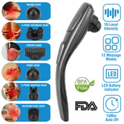 Cordless Handheld Back Massager Deep Tissue Rechargeable Electric Massager w/ 12 Modes 10 Intensity 6 Interchangeable Nodes For Muscle Foot Neck Shoul