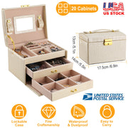 Jewelry Case Organizer 3-layer Lockable Travel Jewelry Box PU Leather Storage Display Case with Mirror Protective for Bracelets Earrings Rings Necklac
