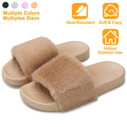 Women Faux Fur Slippers Open Toe Indoor Outdoor Flat Slide Sandals Anti-skid Lady House Shoes
