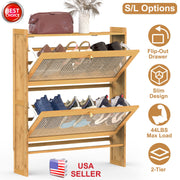2-Tier Shoe CabinetÊwith 2 Flip Drawers Slim Bamboo Shoe Rack Freestanding Narrow Shoe Organizer with 44lbs Max Load for Entryway Hallway