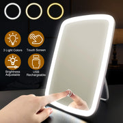 5.98x8.62in Lighted Makeup Mirror Vanity Desk Mirror Small LED Mirror with 3 Light Colors Touch Screen Brightness Adjustable USB Rechargeable