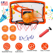 Indoor Mini Basketball Hoop Set Over Door Basketball Hoop with 4 Inflatable Balls Electric Audio Scorer Foldable Basket Gift for Kids and Adults