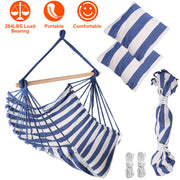 Hammock Hanging Chair Canvas Porch Patio Swing Seat Portable Camping Rope Seat Wooden Stick Hammock Chair with 2 Pillows 265LBS Load-bearing
