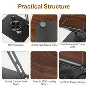 Book Stand for Reading Foldable Wood Book Holder Reading Rack Paper Stand with Adjustable Height 360¡ Rotatable Base Dual Paper Clips for Book Sheet M