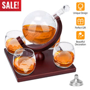 Whiskey Decanter Globe Set w/ 4Pcs 8.45OZ Etched World Whiskey Glasses Wooden Tray Perfect Gift Set for Liquor Scotch Bourbon Vodka