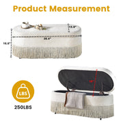 Oval Upholstered Storage Ottoman with Fringe Trim, 39.4"