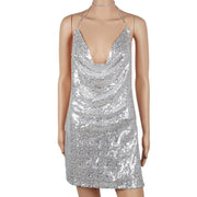 Sexy Women Chain Choker Side Slit Backless Slip Dress With Sequins