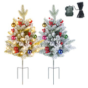 2Pcs Battery Powered Lighted Christmas Tree Urn Filler With Light Artificial Xmas Trees Light with Berries Balls LED Pathway Pine Tree IP44 Waterproof